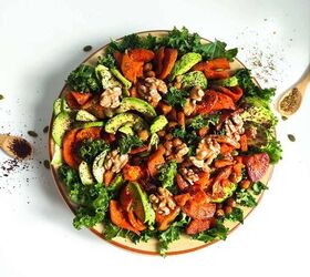 oven roasted squash and sweet potato chickpea salad, A plate of roasted squash sweet potato chickpeas avocado walnuts and kale