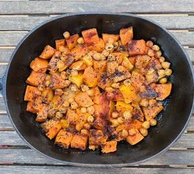 oven roasted squash and sweet potato chickpea salad, A pan of roasted quash sweet potato and chickpeas