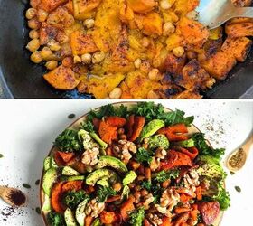 oven roasted squash and sweet potato chickpea salad, A collage of two images Roasted vegetable salad in a pan and below the chickpea salad with two spoons showing spices