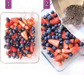 chia berry oat crumble, Two images side by side One shows a colorful assortment of berries in a dish while the other depicts a pour of chia seeds and milk over the berries