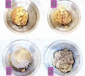 chia berry oat crumble, A collage of four images illustrating the step by step process of making a crumble From left to right 1 Bananas and almond butter in a bowl 2 Mashing the bananas and almond butter together 3 Adding dry ingredients to the mixture 4 Blending all ingredients to create the crumble mixture