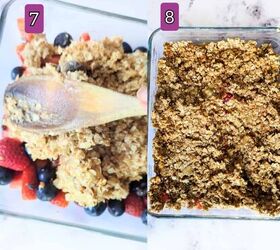 chia berry oat crumble, A collage featuring two images side by side On the left the crumble mixture being spread evenly over the berries in a baking dish On the right the berries covered with the crumble mixture ready for baking