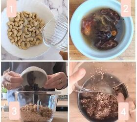 no bake chocolate orange mousse cake with crunchy oats, A step by step collage for making a chocolate orange mousse cake base It shows soaking cashews and dates blending ingredients in a food processor and pressing the mixture into a cake pan