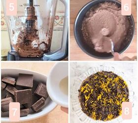 no bake chocolate orange mousse cake with crunchy oats, A step by step collage showing the preparation of a chocolate orange mousse cake It includes blending the mousse spreading it over the base melting chocolate and garnishing the finished cake with orange zest