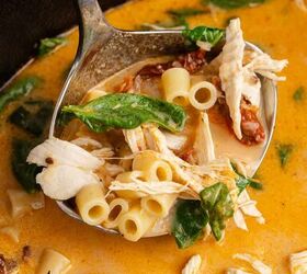 marry me chicken soup, Marry Me Chicken Soup Ladled from Pot with Pasta Chicken Basil and Sundried Tomatoes