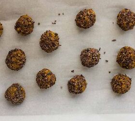 pumpkin spice protein energy balls, pumpkin pie spice energy balls on parchment paper to chill