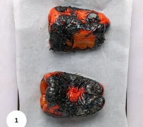 muhammara recipe roasted red pepper dip gf, Two roasted red bell peppers with blackened charred skins rest on a sheet of parchment paper perfect for starting a muhammara recipe A white circle with the number 1 appears in the lower left corner