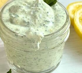 muhammara recipe roasted red pepper dip gf, Lemon Yogurt Dip in a small container with a mint sprig