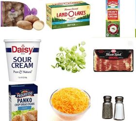 loaded mashed potato casserole, ingredients including russet potatoes butter heavy cream sour cream bacon panko and shredded cheese