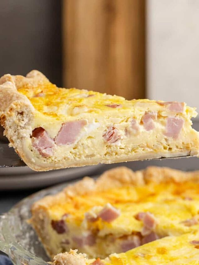 cranberry sauce bread, Ham and Swiss Quiche Slice Lifted on Pie Server Side View
