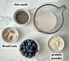 blueberry protein shake, Ingredients needed to make a blueberry protein shake include blueberries almond milk chia seeds and Brazil nuts