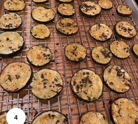 mediterranean roasted zucchini slices, Roasted zucchini slices topped with herbs and spices are arranged in a single layer on a wire rack over a baking sheet A white circle with the number 4 appears in the lower left corner