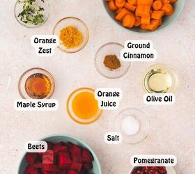 easy roasted beets carrots with maple orange glaze, Fresh ingredients for roasted beets and carrots recipe diced beets carrots olive oil maple syrup orange thyme cinnamon salt and pepper