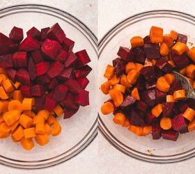 easy roasted beets carrots with maple orange glaze, Diced beets and carrots tossed in maple orange glaze in a mixing bowl