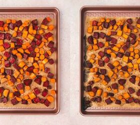 easy roasted beets carrots with maple orange glaze, Roasted beets and carrots on a sheet pan caramelized and topped with pomegranate seeds