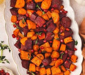 easy roasted beets carrots with maple orange glaze, Caramelized roasted carrots and beets with pomegranate seeds for garnish