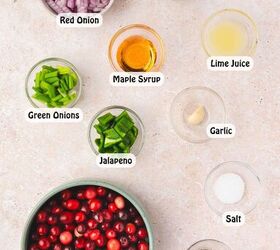 easy cranberry jalapeno salsa holiday dip made with frozen cranberri, Ingredients for cranberry jalape o salsa thawed cranberries jalape os red and green onions garlic cilantro lime juice maple syrup salt and black pepper
