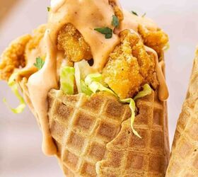 easy cranberry jalapeno salsa holiday dip made with frozen cranberri, Spicy chicken waffle cones topped with creamy sriracha sauce and cilantro