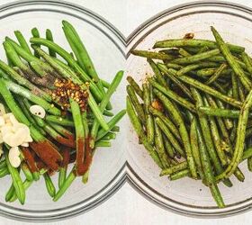 easy oven roasted green beans with garlic and lemon, Green beans tossed with olive oil garlic paprika and red pepper flakes on a parchment lined baking sheet ready to roast