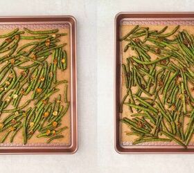 easy oven roasted green beans with garlic and lemon, Roasted green beans topped with lemon zest toasted almonds and lemon slices after baking