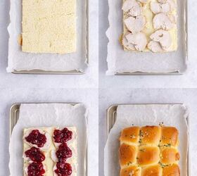 turkey sliders, Turkey Sliders Being Assembled with Sliced Turkey and Cheesed Topped with Cranberry Sauce on Hawaiian Rolls