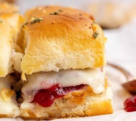 turkey sliders, Turkey Sliders Topped with Cheese and Cranberry Sauce on a Cutting Board