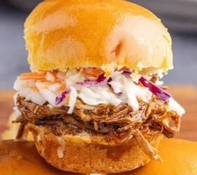 turkey sliders, Brisket Sliders stacked on a cutting board close up