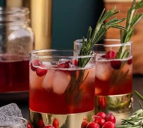 coconut milk curry lentils, Cranberry Shrub cocktails in glasses with the shrub in a mason jar in the back