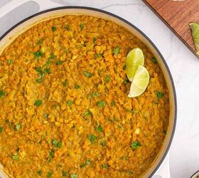 coconut milk curry lentils, Coconut Milk Curry Lentils in a pan with cilantro and lime