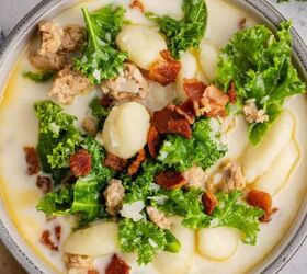 coconut milk curry lentils, Zuppa Toscana in a bowl close up with bacon for garnish