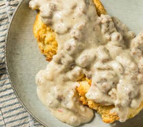biscuits and gravy recipe biscuits with sausage gravy, Overhead image of biscuits and gravy on a plate