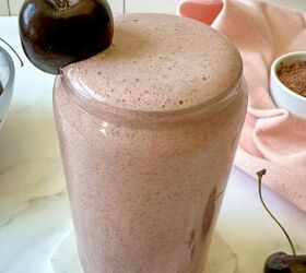 detox island green smoothie tropical smoothie cafe copycat, A chocolate cherry protein smoothie in a clear glass with a cherry on top as a garnish