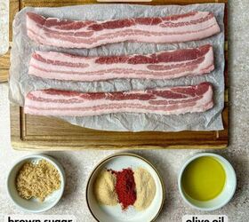 air fryer pork belly crispy bites, Ingredients needed to make air fryer pork belly include sliced pork belly a bowl of brown sugar seasonings and olive oil