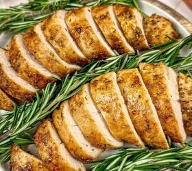 air fryer pork belly crispy bites, Air fryer turkey tenderloin on a plate sliced into medallions with a rosemary garnish