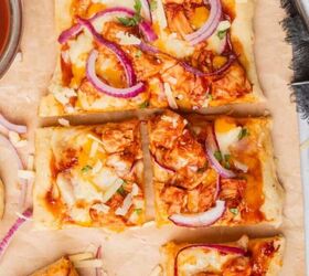buffalo chicken egg rolls air fryer recipe, BBQ chicken flatbread pizza on a cutting board sliced into six square pieces