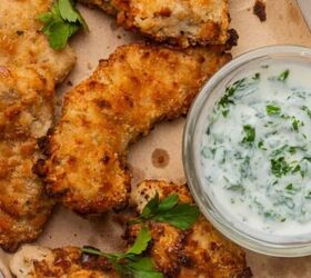 buffalo chicken egg rolls air fryer recipe, Cheez It chicken tenders on a baking sheet with a small bowl of ranch dipping sauce