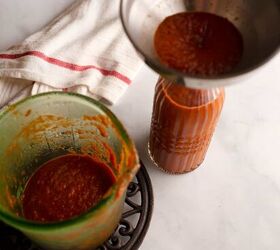 homemade ketchup, Funneling the ketchup into a bottle