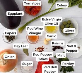 sicilian caponata with raisins celery fresh herbs, A flat lay of ingredients labeled for Sicilian caponata including eggplant tomatoes celery olives capers red wine vinegar olive oil garlic raisins onion bay leaf sugar red pepper flakes mint parsley red bell pepper and salt pepper