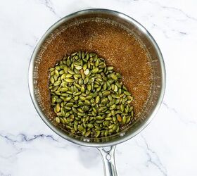 best pumpkin seeds brittle sweet nutty crunchy, Pepitas poured into hot caramelized syrup in a saucepan