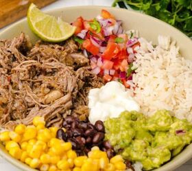 loaded baked potato with brisket, Barbacoa bowls with rice beans corn guacamole sour cream and pico de gallo