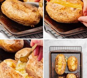 loaded baked potato with brisket, A knife slicing into a baked potato and fluffing the potato with a fork to get it ready to be stuffed