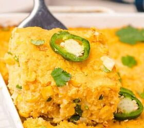 loaded baked potato with brisket, Square of jalapeno corn casserole on a spatula getting removed from the baking dish
