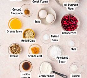 the best cranberry orange coffee cake with crunchy streusel, Ingredients for cranberry orange coffee cake arranged on a table including flour oats cranberries orange yogurt butter eggs and sugar