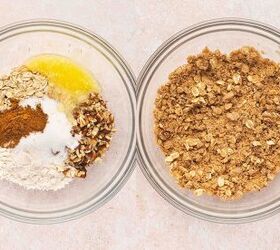 the best cranberry orange coffee cake with crunchy streusel, Mixing flour oats pecans cinnamon sugar and butter in a bowl for streusel topping