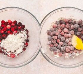 the best cranberry orange coffee cake with crunchy streusel, Tossing frozen cranberries with flour in a small bowl