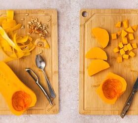 easy roasted butternut squash feta salad holiday side salad, Half butternut squash with ends cut off peeled seeds removed and cut into 1 inch cubes on a cutting board