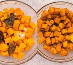 easy roasted butternut squash feta salad holiday side salad, Butternut squash cubes in a bowl tossed with olive oil smoked paprika cumin salt and pepper