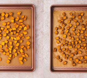 easy roasted butternut squash feta salad holiday side salad, Spiced butternut squash cubes spread on a baking sheet ready to roast in the oven