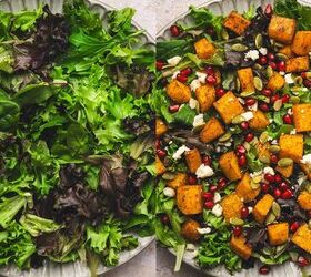easy roasted butternut squash feta salad holiday side salad, Layered salad with greens roasted butternut squash pomegranate seeds feta and pumpkin seeds drizzled with dressing