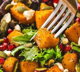 easy roasted butternut squash feta salad holiday side salad, Close up of roasted squash feta and pumpkin seeds tossed in a salad